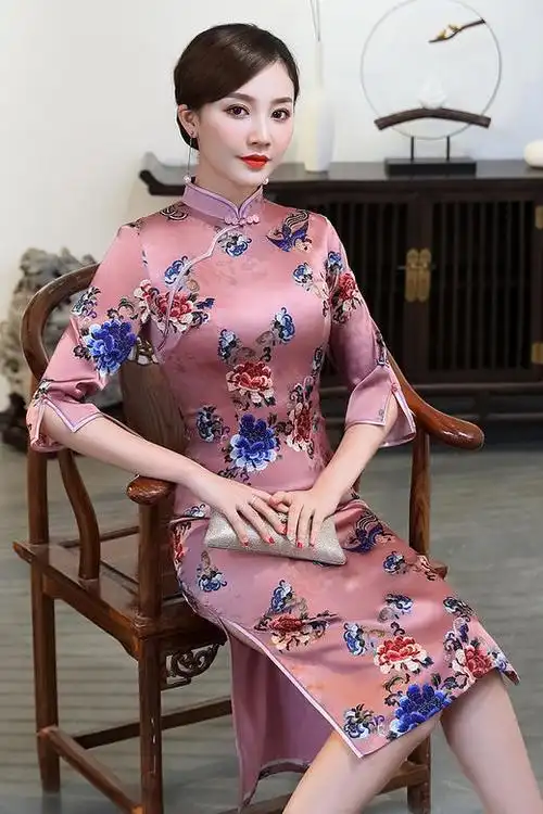 新款改良真丝时尚印花中长款古典中国风旗袍(货号 gt9072)