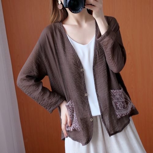 夏季新款宽松薄款印花拼接丝麻长袖防晒衣v领百搭空调衫短开衫女