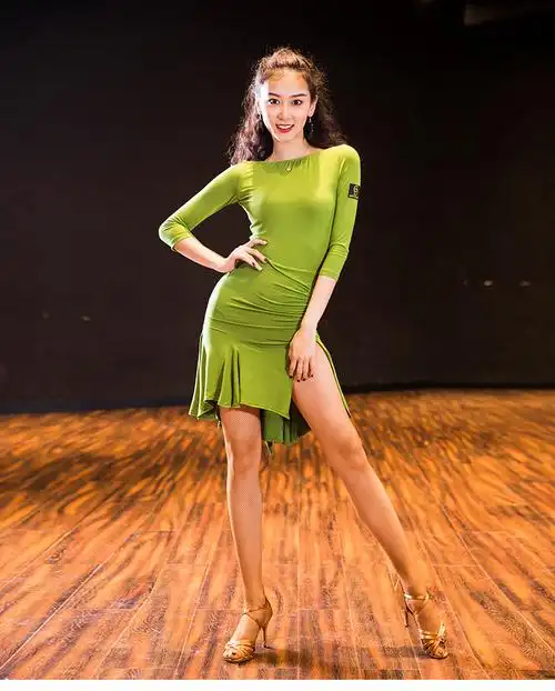 拉丁舞裙连衣裙女成人国标舞舞蹈服拉丁练习服套装草绿色7分袖l