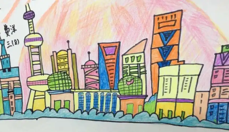 白线 黑线 彩色线 绘制自然绘制城市(三年级美术空中课堂作业展示)