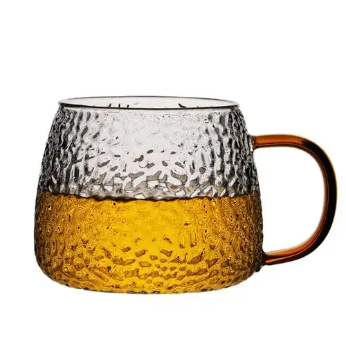 锤纹玻璃水杯带把手家用带柄茶杯女ins风简约杯子带盖日式玻璃杯