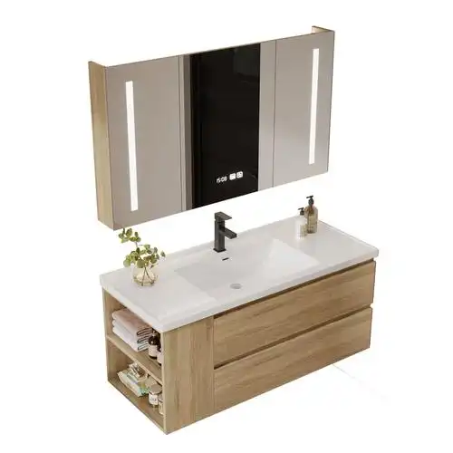 原木色侧边浴室柜镜柜组合卫生间一体陶瓷洗手洗脸盆柜厕所洗漱台