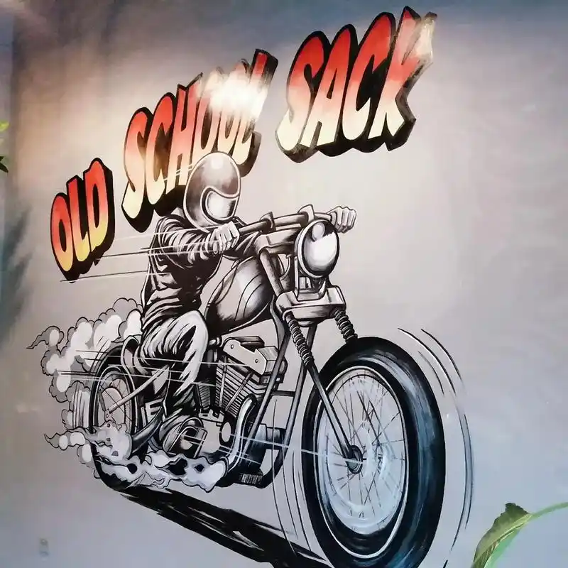 摩托车俱乐部工业风背景墙墙绘设计朋克风格