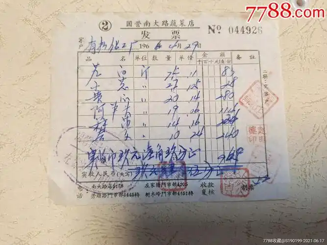 国营南大路蔬菜店发票(九白,小葱)