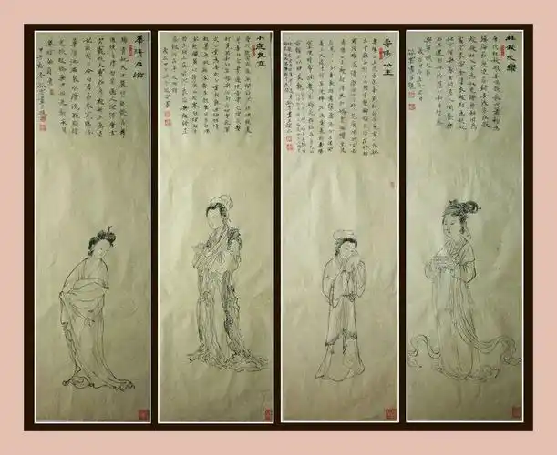 白描人物《四大美女》四条屏-王芳定书画专卖-收藏网