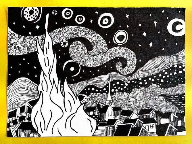 经典名画梵高的星空线描再创作