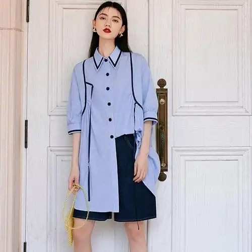 清新蓝色条纹衬衫裙中长款夏季新款女宽松法式小众撞色拼接衬衣