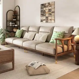 韵存家居 直排四人位真皮沙发新中式小户型北美白蜡木实木沙发组合