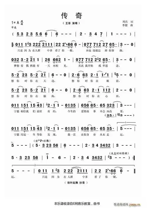 传奇-王菲(秋叶起舞版) 歌谱简谱网