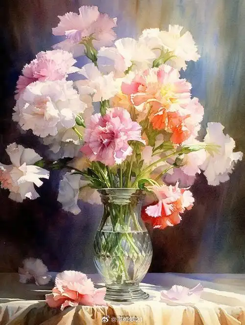每日一画超话花瓶里的康乃馨水彩超话#水彩花卉##midjourney#ai绘画