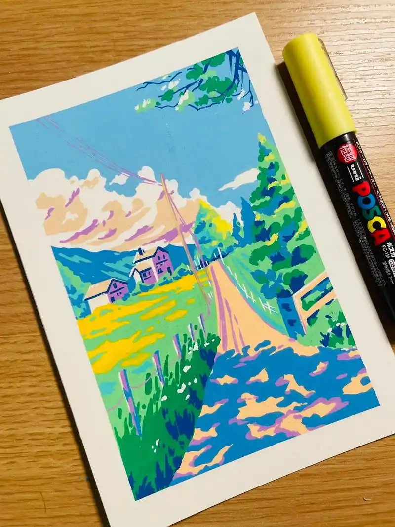 丙烯马克笔|乡间小路,含步骤.春天快乐! 临摹:tu涂笔 - 抖音