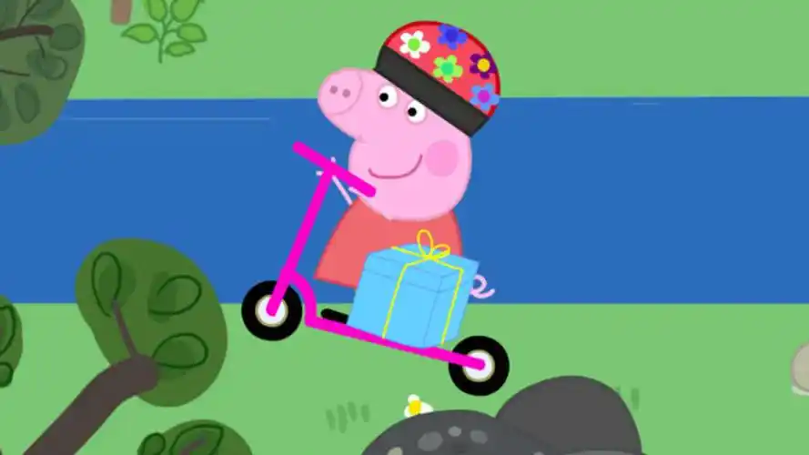 小猪佩奇骑滑板车帮猪妈妈送花瓶,结果花瓶摔碎了,猪爷爷用胶水粘起来
