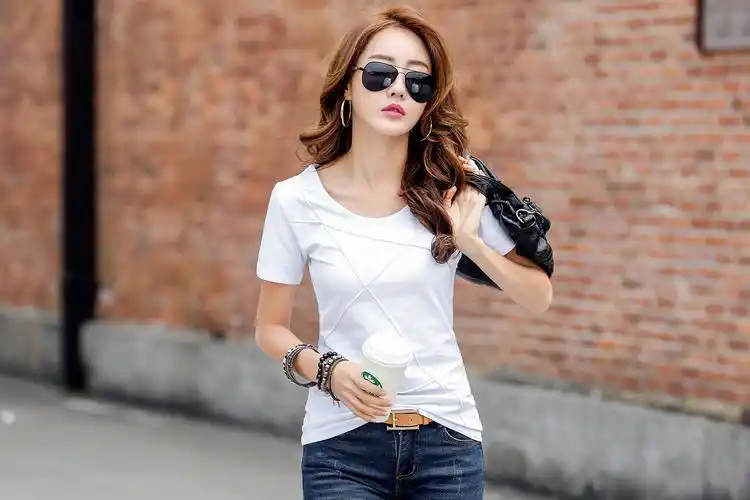 22夏季衣服精品女装上衣韩版修身显瘦棉质短袖t恤女士一件代发