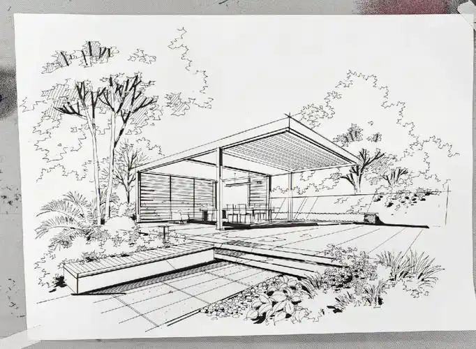 景观空间两点透视表现步骤线稿部分