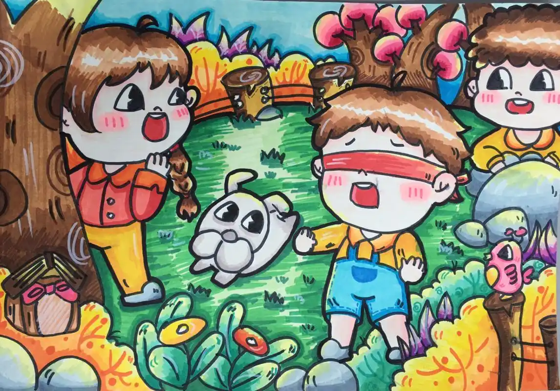 学前教育幼师马克笔儿童画《捉迷藏》   适合《我和我的朋友》《做