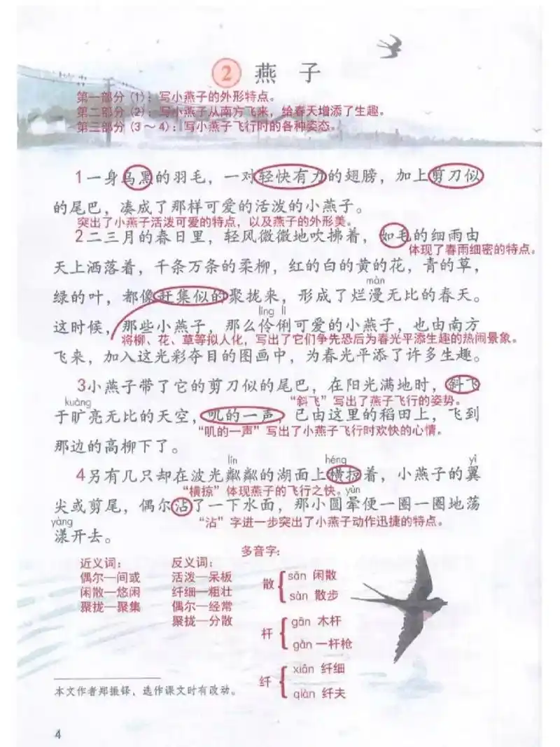 三年级语文第二课《燕子》课堂笔记 课文主题: 课文以燕子为记叙的