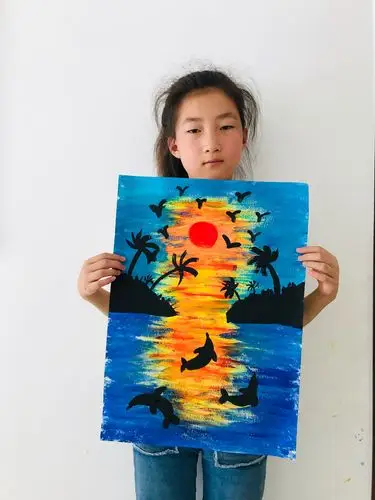 水粉一《海边夕阳》