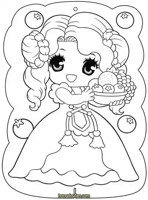 拿着好多水果的小公主在线涂色图片大全