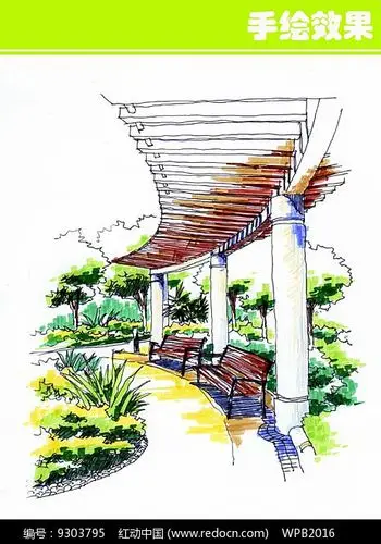 公园廊架手绘