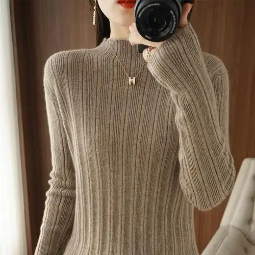 坑条半高领100纯羊毛衫女21秋冬新款时尚简约针织羊绒衫内搭上衣
