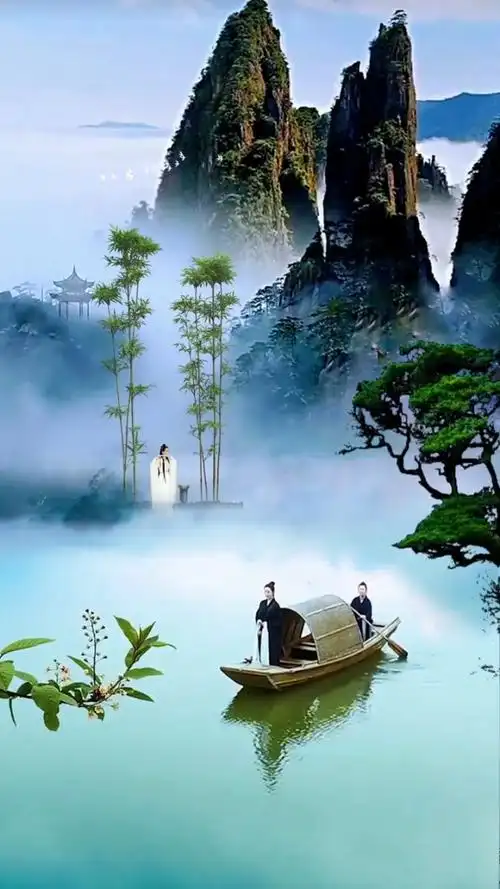 一叶轻舟碧水间,二行白鹭上青天; 双子高峰相耸立,几枝翠竹疑似仙.