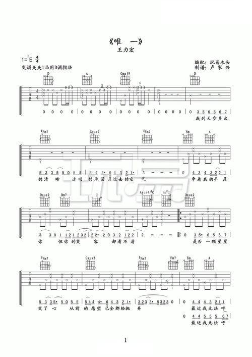 唯一吉他谱王力宏d调吉他图片谱2张