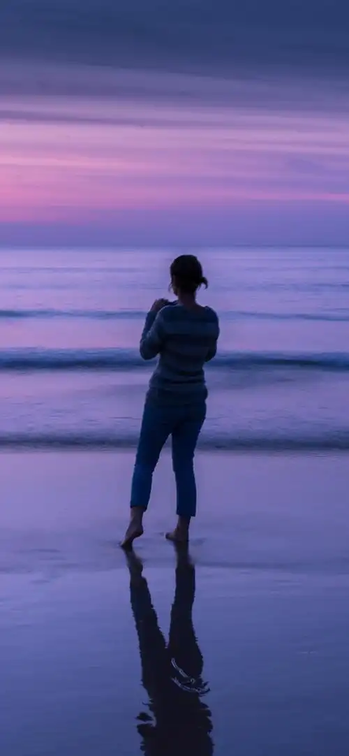 海,黄昏,女孩后视图 iphone 壁纸