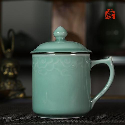 龙泉青瓷茶杯会议杯带盖手工将军杯陶瓷办公杯泡茶水杯送礼祥云杯
