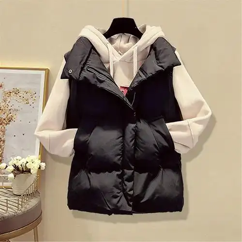 冬季韩版加绒假两件高领卫衣女立领马甲外套毛呢休闲裤时尚三件套