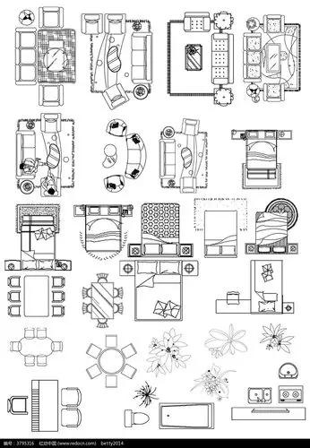 户型图黑白线条家具素材