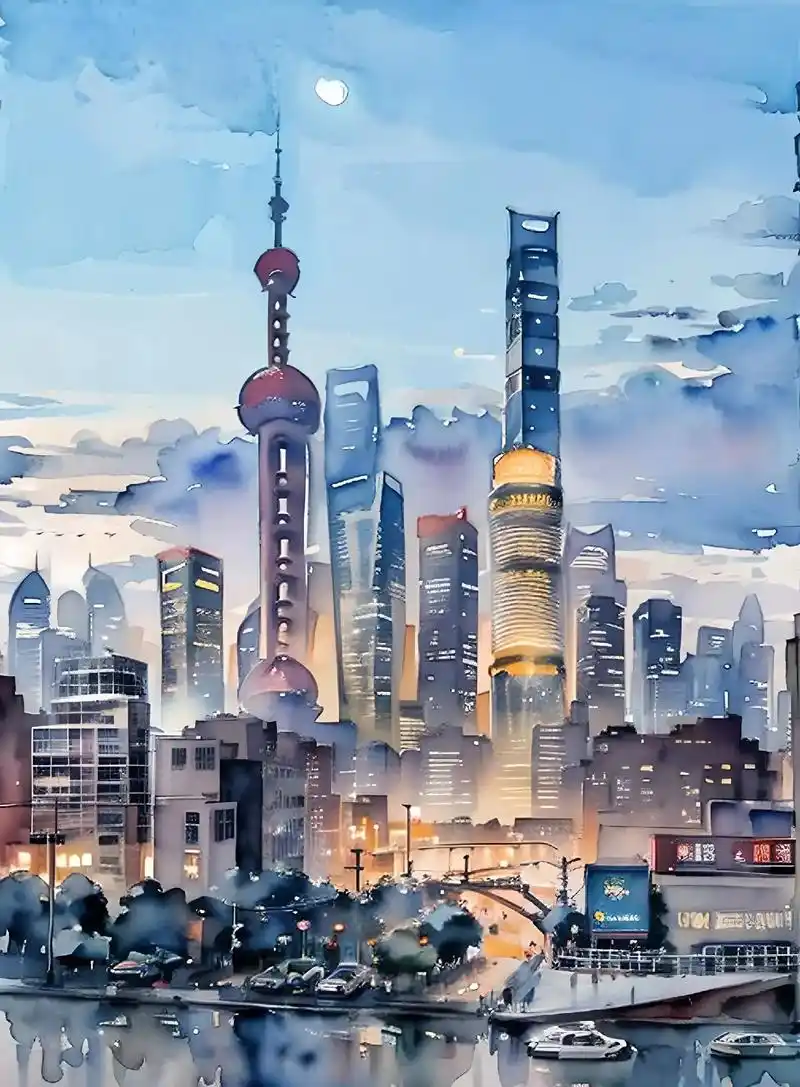 落日西风见沪城,瓶山终古峙峥嵘.#水彩#魔都图片#上海城市风 - 抖音