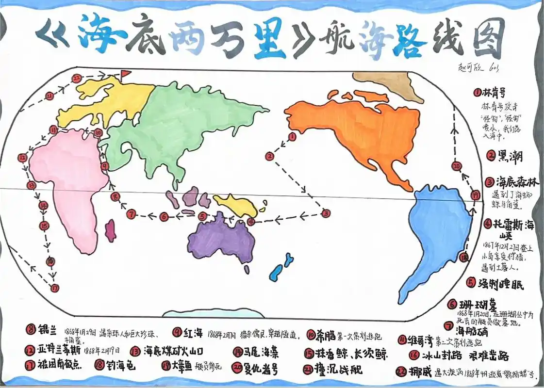 《海底两万里》航海路线图 《海底两万里》主题作业:绘制航海路线图