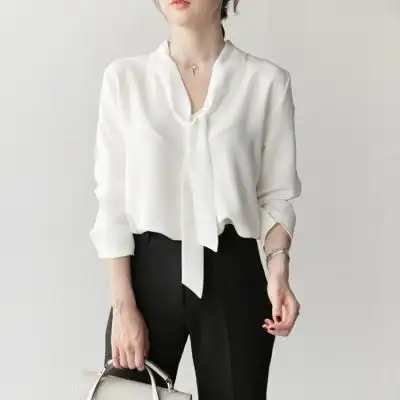 白色雪纺衬衫女2019新款雪纺衫长袖v领飘带上衣春秋季职业白衬衣 - 17