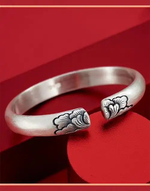 蔻罗亚轻奢珠宝s9999银牡丹花开口手镯女纯手工云南大理雪花银民族风