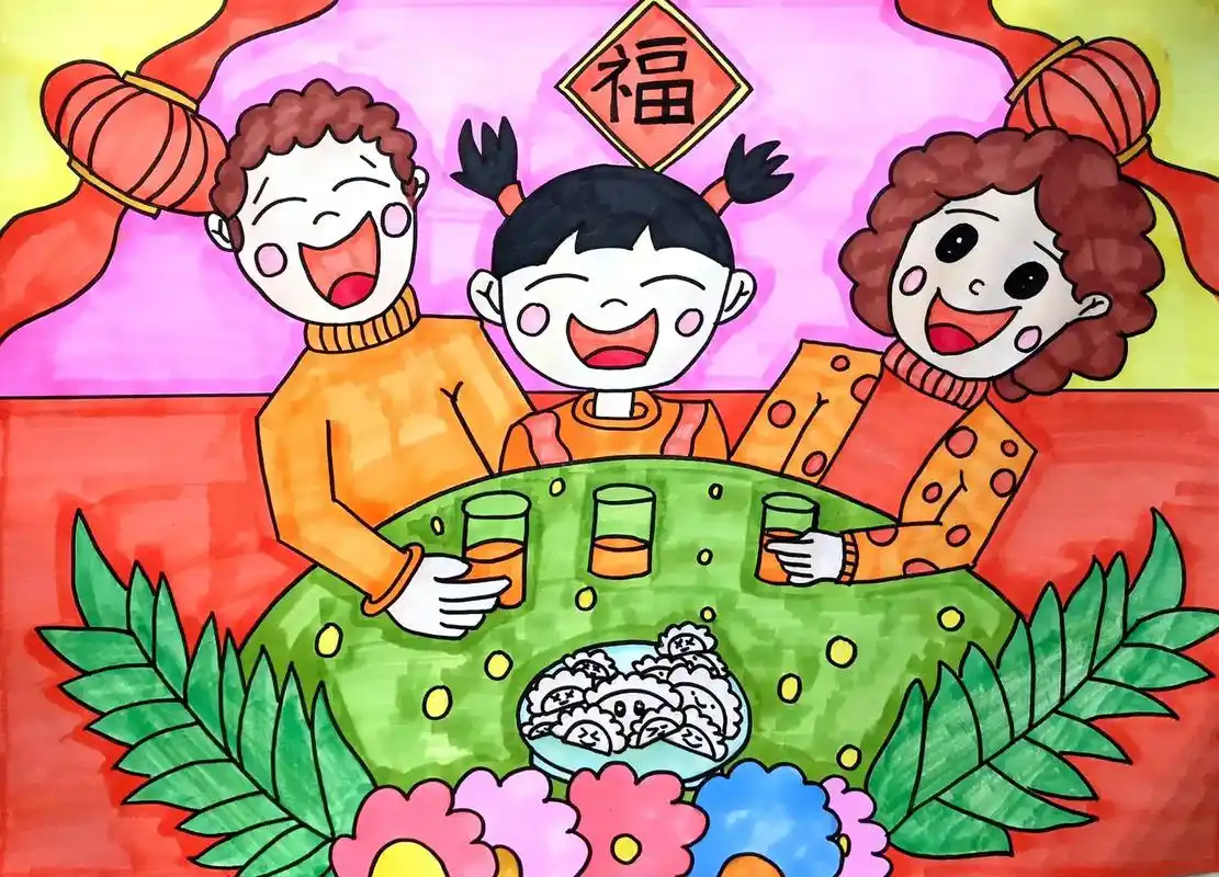 合家欢儿童画 一家人创意画 年夜饭儿童画 过新年 新年儿童画 - 抖音