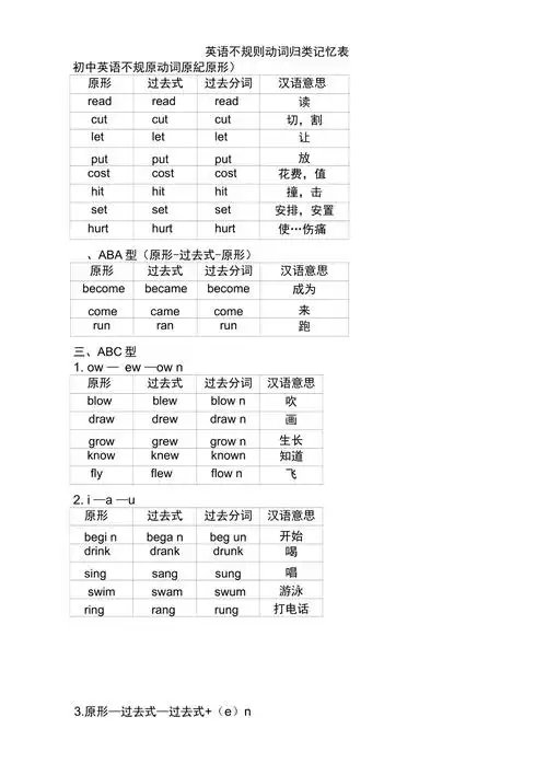 动词过去式分词不规则变化表
