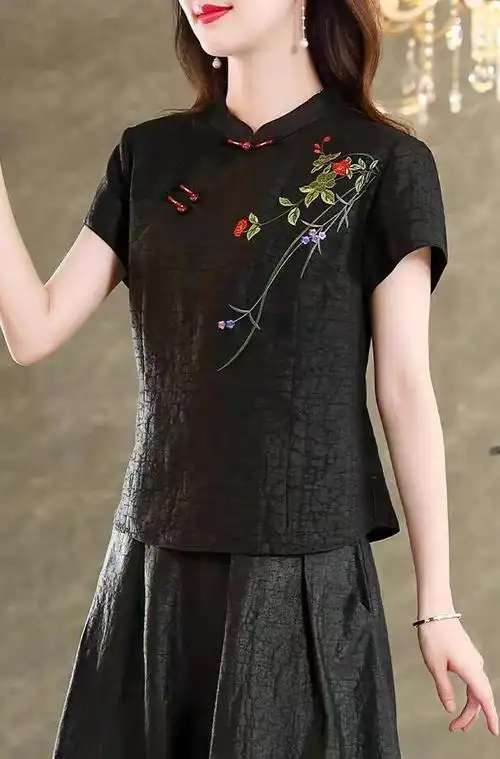 龟纹香云纱真丝上衣女夏季复古专柜正品桑蚕丝气质刺绣