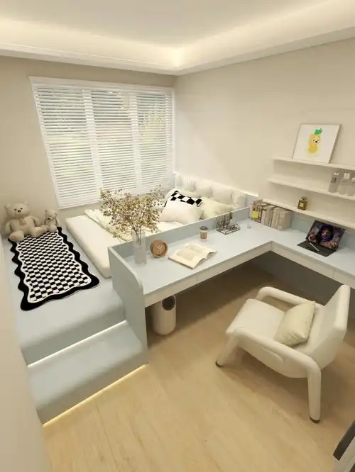 榻榻米卧室这样布局显大又实用淡淡的清新蓝和木质的搭配95整个卧室