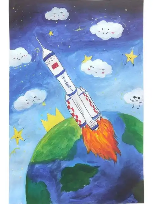 火箭丙烯画儿童水粉画有步骤
