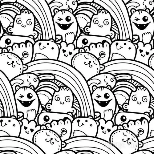 有趣的涂鸦怪物打印, 设计和着色书籍无缝模式