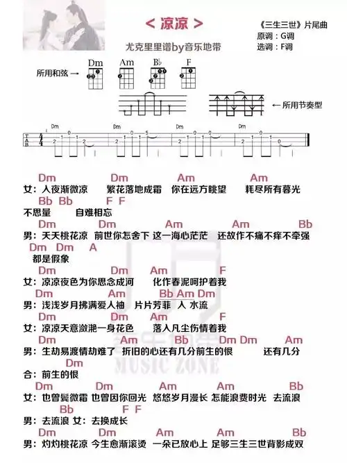 凉凉尤克里里谱吉他谱f调附前奏音乐地带编配张碧晨