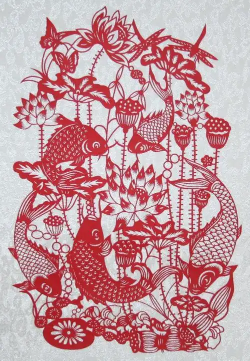 挂轴切り絵荷花鱼连年有余q090