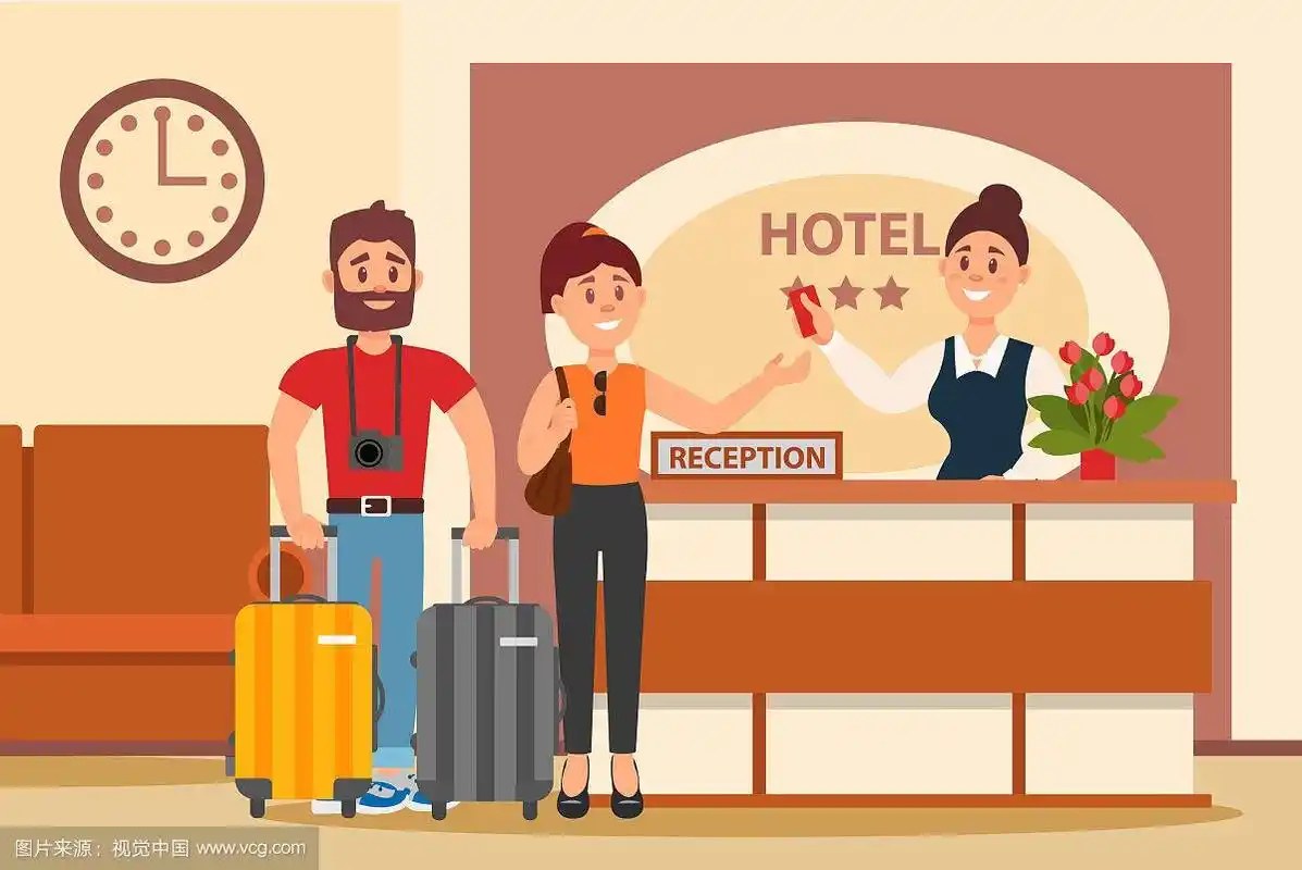 年轻夫妇站在酒店前台