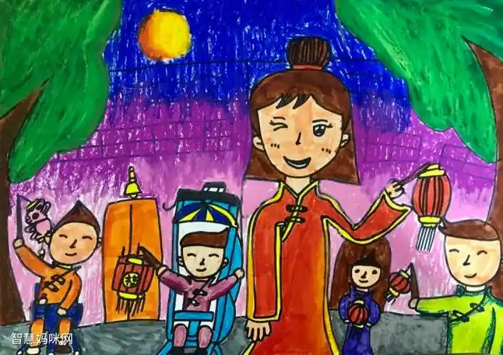 中秋赏月齐欢乐中秋主题儿童绘画优秀作品