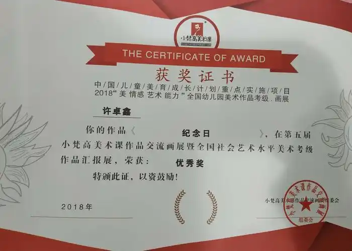 小梵高美术全国赛获奖证书