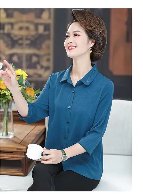 恒源祥中老年女装衬衫女士妈妈装七分袖薄款衬衣女2022夏季新款老年人