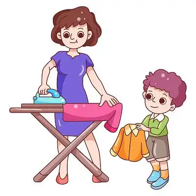 卡通家庭生活教育母子熨衣服整理插画素材png