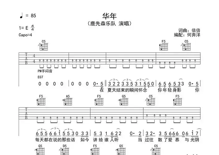 鹿先森乐队《华年》吉他谱 - c调弹唱六线谱第1张