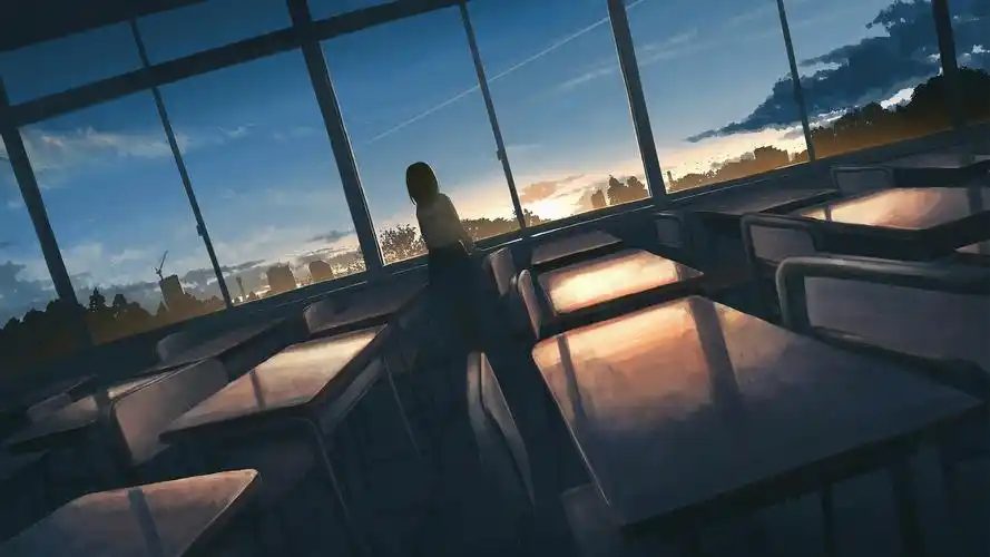 女学生 背影 教室 夕阳 高清好看二次元动漫壁纸壁纸