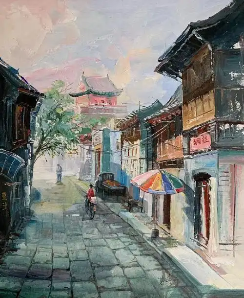 北京胡同系列纯手绘油画真迹合影